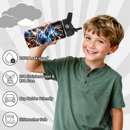 Hiboss Lightning Water Bottle for Boys, 16oz Kids Stainless Steel Insulated Water Bottle with Straw Lid, Lightning Cup Tumbler Gifts for School, Sport, Travel - color: Lightning