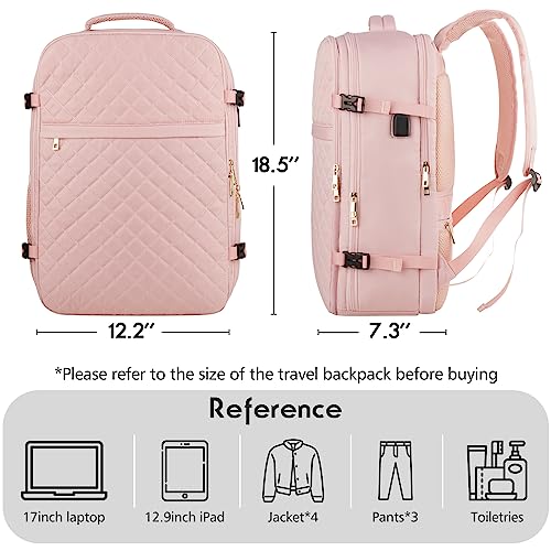 MOMUVO Large Travel Backpack Women, Flight Approved Carry On Backpack, Water Resistant Anti-Theft Large Casual Daypack Fit 17 Inch Laptop with USB Charging Port, Pink - color: Pink, size: 17.3 inch