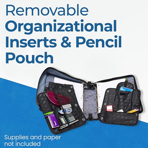 Case-it The Dual 2-in-1 Zipper Binder | Two 1.5-Inch D-Rings, 600 Sheet Capacity, Pencil Pouch & Multiple Pockets | School & Office Organizer with Shoulder Strap | Dual-101 Jet Black | 6 Pack