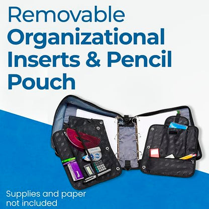 Case-it The Dual 2-in-1 Zipper Binder | Two 1.5-Inch D-Rings, 600 Sheet Capacity, Pencil Pouch & Multiple Pockets | School & Office Organizer with Shoulder Strap | Dual-101 Jet Black | 6 Pack