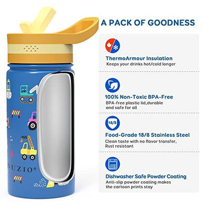 BUZIO 14 oz Kids Water Bottle with Straw Lid, Vacuum Insulated Stainless Steel Metal Thermo Bottles for Toddlers Girls Boys Leak Proof BPA-Free & Lead-Free Flask for School, Blue Construction Car - color: Blue Car