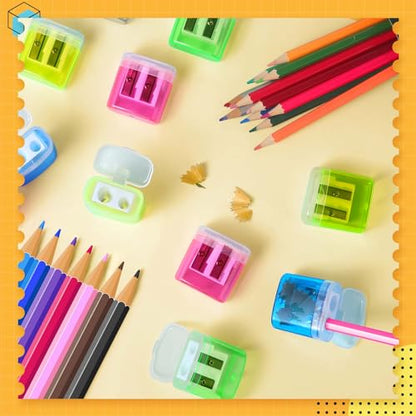 100 Pack Pencil Sharpener Bulk, Manual Pencil Sharpener with Lid for Kids, Double Hole Handheld Pencil Sharpeners for Classroom School Office Supplies, 4 Colors