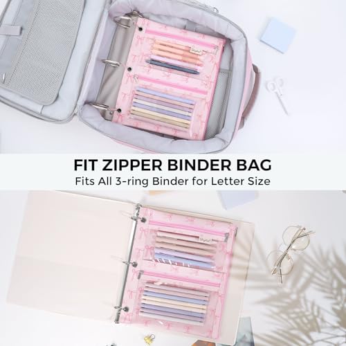 SKYDUE Binder Pencil Pouch for 3 Ring Binder, 3 Compartment Zipper Case, Large Capacity Pen Organizer with Clear PVC Window for School Supplies, Students, Kids & Teachers - color: Pinkbow