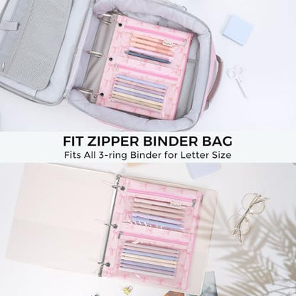 SKYDUE Binder Pencil Pouch for 3 Ring Binder, 3 Compartment Zipper Case, Large Capacity Pen Organizer with Clear PVC Window for School Supplies, Students, Kids & Teachers - color: Pinkbow