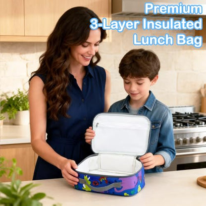 FlowFly Kids Lunch box Insulated Soft Bag Mini Cooler Back to School Thermal Meal Tote Kit for Girls, Boys, Dinosaur - color: Dinosaur