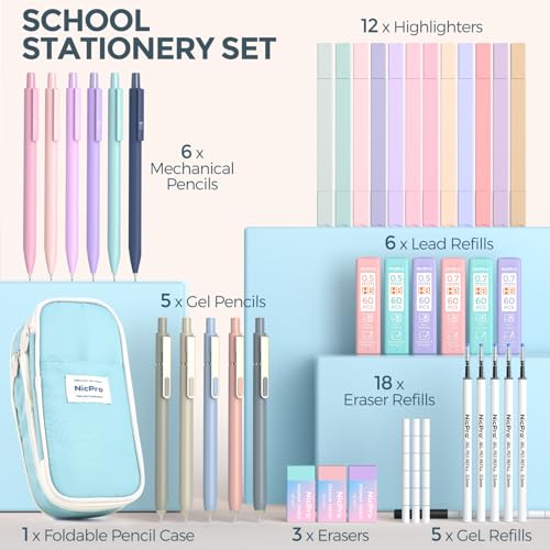Nicpro School Supplies with Cute Pencil Case, 39 PCS Blue | Back to School Stationery Set, Essentials for College Nursing Student, 12 Pastel Highlighter, 6 Mechanical Pencil, 5 Gel Pen - color: Blue, size: 39 PCS