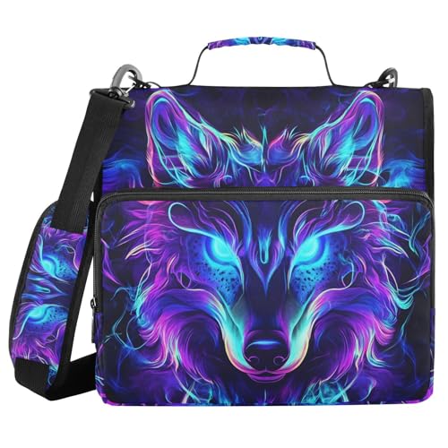 Mystical Wolf Face 3 Ring Binder Bag 1.5 inch Binder Organizer with Zipper Shoulder Strap 500 Sheet Documents Storage for School Office - color: A017, size: 13.6 x 12.4 x 3.5 in