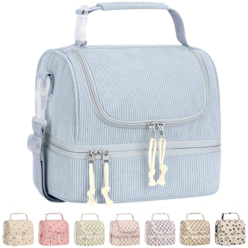 Vankor Corduroy Lunch Box Kids Insulated Lunch Bag Double Decker, Cute Leak-Proof Lunch Box for Boys Girls, Portable Cooler Lunch Bag Thermal Lunch Tote for School Picnic Travel, Light Blue - color: Light Blue