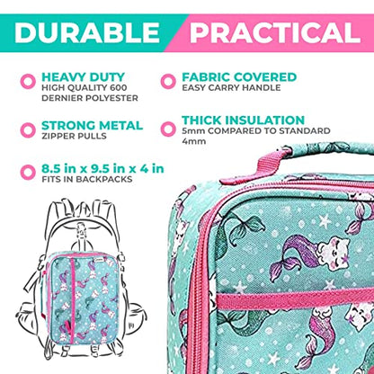 Bento Box with Stainless Steel Food Thermo for Hot Food or Soup, Insulated Lunch Bag, and Ice Pack Set for Kids Girl Toddlers. Ages 3 to 7 Pink Aqua Cat Mermaid - color: Cat Mermaid