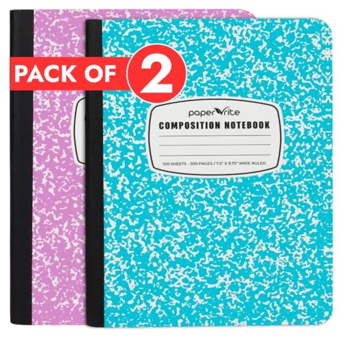 Paper Rite Assorted Marble Composition Notebook Wide Ruled (9.75x7.5 in), 100 Sheets | 200 Pages | For School, Office, Students, Teachers (2, Blue & Pink)