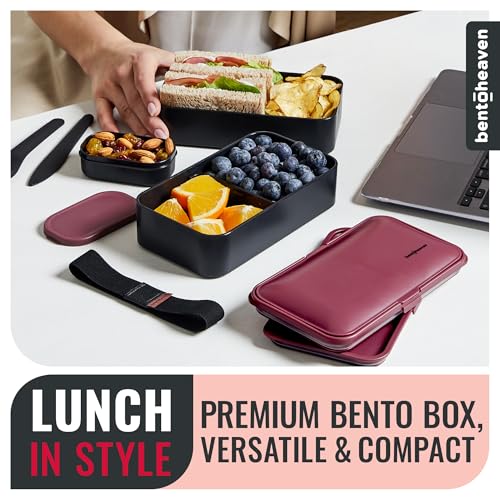 Bentoheaven Bento Box Adult, Stackable Lunch Box, 40 oz, Very Berry | BPA-free, leakproof and microwave-safe with 2 compartments, utensils, chopsticks, divider and sauce cup for men and women. - color: Very Berry
