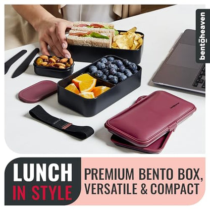 Bentoheaven Bento Box Adult, Stackable Lunch Box, 40 oz, Very Berry | BPA-free, leakproof and microwave-safe with 2 compartments, utensils, chopsticks, divider and sauce cup for men and women. - color: Very Berry