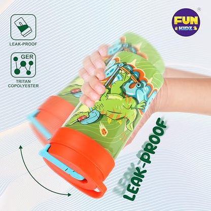 17oz Dinosaur Kids Water Bottle, Toddler Spout Cover and Carry Handle Lid Leak Proof BPA free Cup for Boys Ages 3+ Dishwasher Safe for Sports School Travel Plastic with Silicon Straw