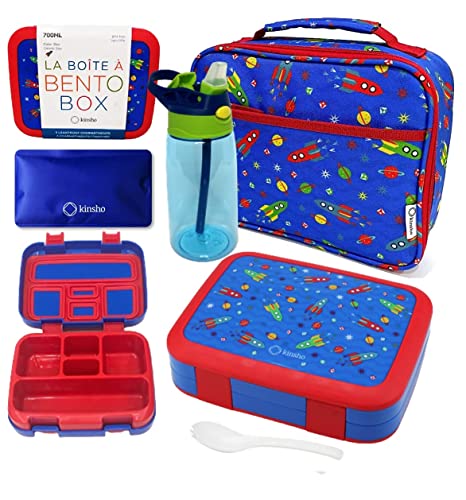 kinsho Bento Lunch Box, Water Bottle, Ice Pack Set For Kids Toddlers, 5 Portion Sections, Removable Plastic Tray, Small Pre School Daycare Lunches, Snack Container, Blue Red Space Rocket - color: Blue Red Rocket Set