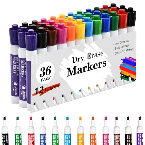 SUQJOY Dry Erase Markers, Chisel Tip Whiteboard Markers, Low Odor Dry Erase Marker, 36 Bulk 12 Assorted Color Markers for Kids/Teachers - color: 36 Count 12 Colors
