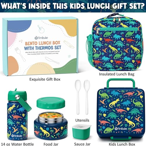 Fimibuke Bento Box for Kids Adult - Leakproof 3-4 Compartments Lunch Bento Box Set with Insulated Food Jar, Water Bottle, Lunch Bag, Sauce Cup & Cutlery for Toddler Teen Shcool Girl Boy Age 3+ - color: A2.Dinosaur