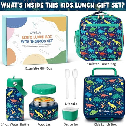 Fimibuke Bento Box for Kids Adult - Leakproof 3-4 Compartments Lunch Bento Box Set with Insulated Food Jar, Water Bottle, Lunch Bag, Sauce Cup & Cutlery for Toddler Teen Shcool Girl Boy Age 3+ - color: A2.Dinosaur