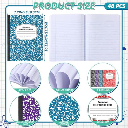 Fulmoon 48 Pcs Composition Notebook Wide Ruled Hard Cover Notebook 30 Sheets/60 Pages for School College Journal Writing Programs Art Recipes 10.12 x 7.2 Inch, Colorful - style: Wide Ruled