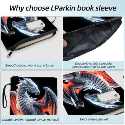 Padded Book Sleeve with Zipper & Front Pocket, Fabric Book Cover | Fantasy Ice Fire Dragon11.4"x8.7" Washable Canvas Pouch for Hardcovers, Tablets & Reading Accessories - color: Fantasy Ice Fire Dragon