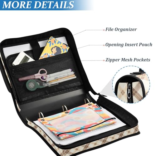 Plaid Zipper Binder 3 Ring Binder with Zipper 1.5 Inch Shoulder Strap & Handle Binders Organizer Bag Oatmeal Color - color: Oatmeal Color