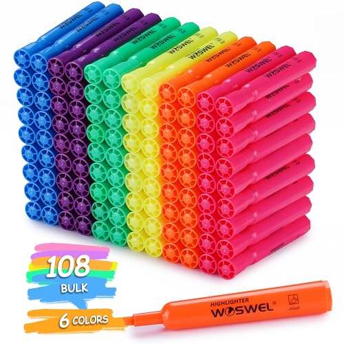 WOSWEL Highlighters Bulk, 108 Pack Tank Style Highlighters Assorted Fluorescent Colors Set, 6 Bright Colors Chisel Tip Highlighter Markers for Coloring, Highlighting as School Supplies - style: 108 Count 6 Assorted Colors