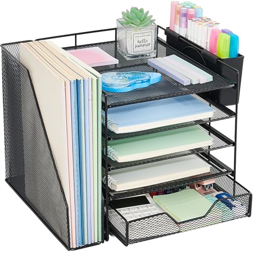 Desk Organizers and Accessories, 5-Tier Paper Letter Tray Organizer with File Holder, Drawer & Pen Holder, Office Desk Accessories, Desktop Organizer for Classroom Office Supplies, Black - color: Black