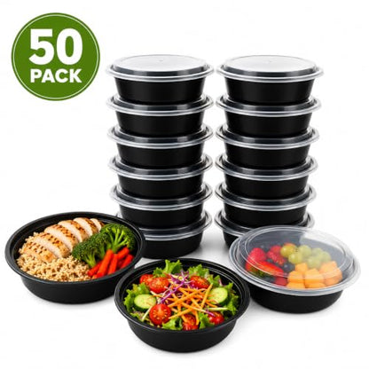 50 Pack Meal Prep Containers Reusable with Lids, Sturdy Leakproof Food Safe, Microwave Freezer Dishwasher Safe, To Go Take Out lunch Plastic Bento Food Storage Pans, BPA Free - Black (48 oz) - size: 48 oz