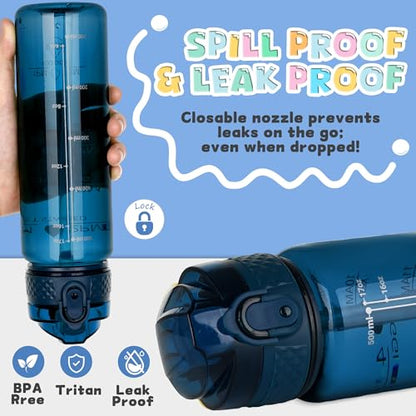 OLDLEY 17oz Kids Water Bottle, Tritan BPA-Free, Leakproof Flip Straw Lid, Motivational Time Marker, Carry Strap, Reusable Clear Water Bottle for Boys & Girls,Slate Blue - color: Slate Blue, style: 17 Ounces