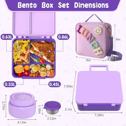 Aimsnk Lunch Box Kids with Thermo Insulated Lunch Bag for School, Purple | Bento Lunch Box for Kids with 8oz Food Jar, Leak Proof Hot Lunch Containers with 4 Compartment, Warm Lunchbox for Toddler - color: Purple