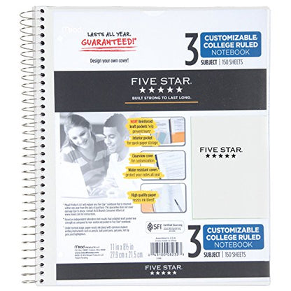 Five Star Spiral Notebook, 3 Subject, College Ruled Paper, 150 Sheets, 11" x 8-1/2", Customizable Cover, White (38006) - color: 05 White