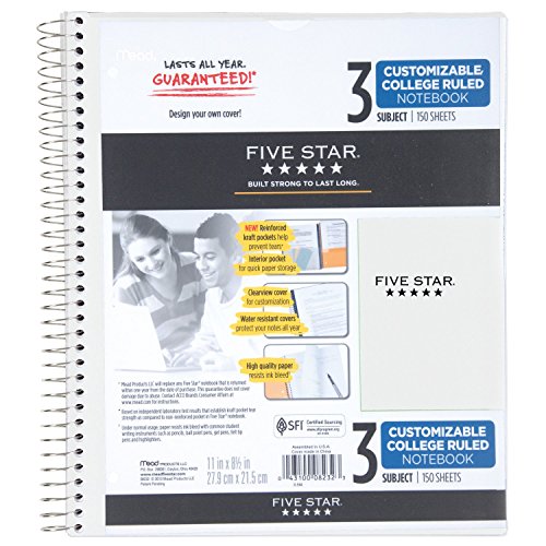 Five Star Spiral Notebook, 3 Subject, College Ruled Paper, 150 Sheets, 11" x 8-1/2", Customizable Cover, White (38006) - color: 05 White