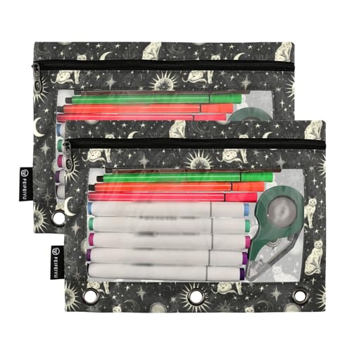 Binder Pencil Pouches, Celestial Cat Pencil Case with Clear Window 3 Rings Pen Case Holder Office Supplies - color: Celestial Cat