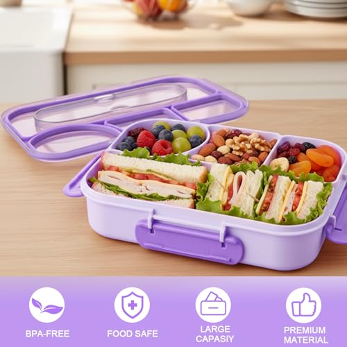 Bento Box for Adults,4 Compartments Lunch Box, Snack Containers Reusable Lunch Containers Drop-Proof, Dishwasher Safe & Made with BPA-Free Materials, Purple - color: Purple