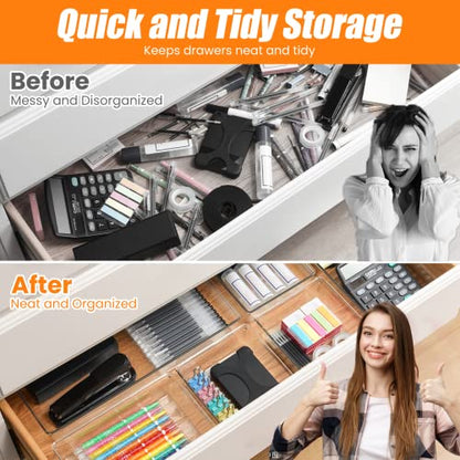 Criusia 6 Pcs Large Size Clear Drawer Organizer Set, Acrylic Non Slip Non Cracking Kitchen Drawer Storage Tray Divider, Multifunctional Storage for Cosmetics, Bathroom, Tools, Kitchen and Office - size: 6 PACK