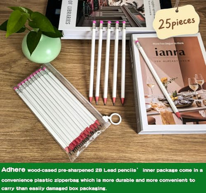 Adhere 25pcs Woodcase Pencils with Eraser Premium Pre-Sharpened Hexagon Graphite 2B pencils ideal for home, office writing including a Free Sharpener(White・25pcs) - color: White・25pcs
