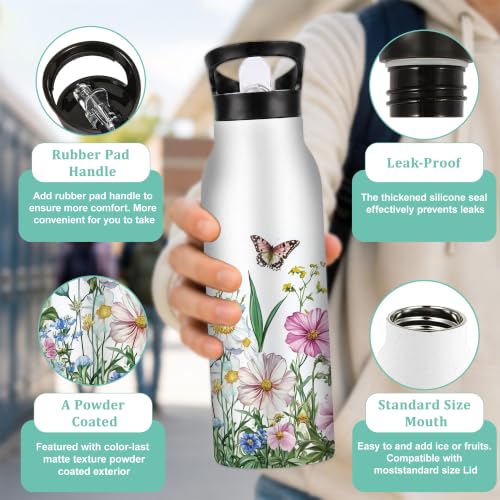 Insulated Water Bottle,Butterfly Lavender 20 oz Stainless Steel Water Bottles with Straw Lid,Flowers Leaves Leak Resistant Double Insulated Flask with Handle,Fits Cup Holder,Keeps Drinks Cold - color: Butterfly Lavender,Flowers Leaves
