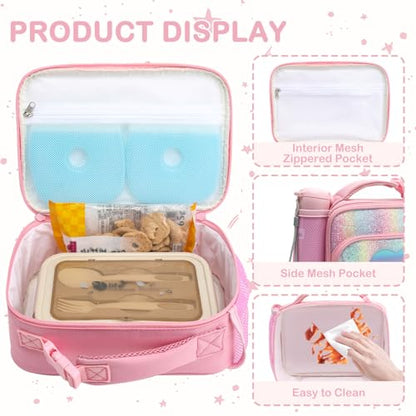 FlowFly Kids Lunch box Insulated Soft Bag Mini Cooler Back to School Thermal Meal Tote Kit for Girls, Boys,Glitter-RainBow - color: Glitter-RainBow