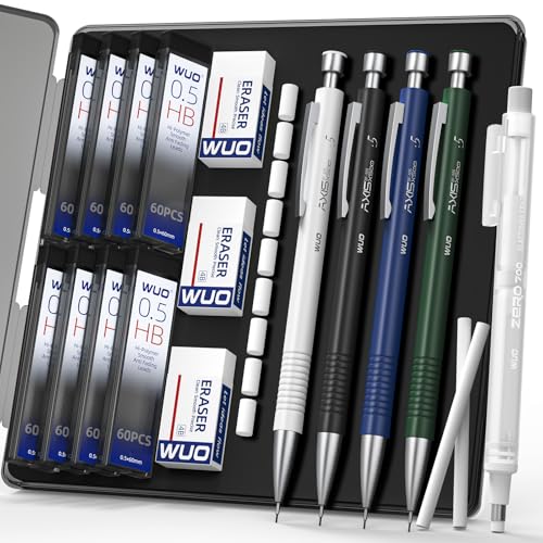 WUO 0.5mm Mechanical Pencil Set with Case, 4PCS Metal Mechanical Pencils with Eraser Pen, 480 HB Lead Refills, 3 Erasers, 11 Eraser Refills, Artist Drafting Pencils for Writing, Drawing, Sketching