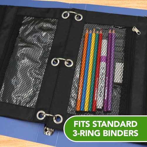 Pencil Pouch for 3 Ring Binder, Zipper Pen Case Bag with 3 Reinforced Grommets, Clear Window & Mesh Pocket, Binder Pouch School Office Supplies for Boys Girls (Black)