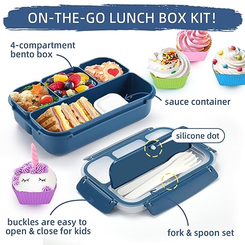 QQKO Bento Box Adult Lunch Box, Lunch Containers for Adults Men Women, Kids Lunch Boxes for School with 4 Compartments, Sauce Container, Utensils and Muffin Cups, Navy - color: Navy