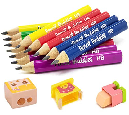 Short Jumbo Pencils for Kids, Preschoolers, Kindergarten, Toddlers & Beginners - 12 Fat #2 Pencils With Triangle Grip, 1 Sharpener & Eraser (Color DIY)