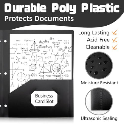 Black 3 Hole Punched Plastic 2 Pocket Folders for 3 Ring Binder, Durable Poly Folder for Notebook, Office & School Use, 6 Pack - size: 3 Hole
