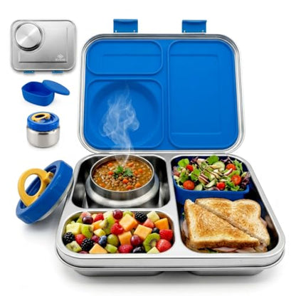 Stainless Steel Bento Lunch Box with 8 oz Insulated Food Jar – 54 oz – Leak-Resistant 3-Compartment Kids & Adult Metal Meal Container with Silicone Container and Thermo for Work & School, BPA-Free