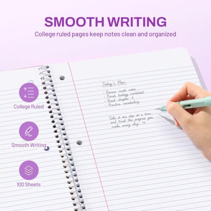 SUNEE Spiral Notebook, 1-Subject, College Ruled Paper, 8" x 10-1/2", 100 Sheets per Notebook, 3-Hole Punched Paper, Water Resistant Cover, Double-sided Pockets, Dark Purple - color: Dark Purple