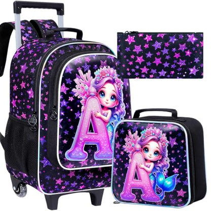CCJPX 18" Mermaid Rolling Backpack for Girls, 3Pcs Kids Wheeled Bookbag with Lunch Box, Lightweight Roller School Bag for Elementary Preschool (Black) - color: A-star Mermaid