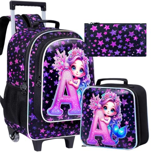 CCJPX 18" Mermaid Rolling Backpack for Girls, 3Pcs Kids Wheeled Bookbag with Lunch Box, Lightweight Roller School Bag for Elementary Preschool (Black) - color: A-star Mermaid