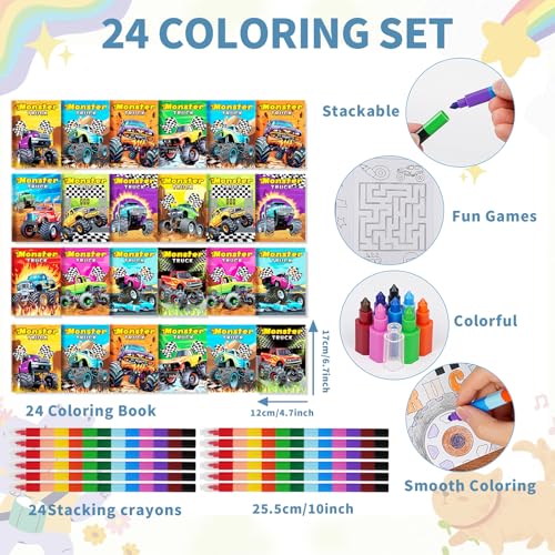 BenLouis 24 Monster Truck Mini Coloring Books Kids with 24 Stacking Crayons Monster Car Party Favors Activity Books Bulk for Kids Monster Truck Birthday Goodie Bag Gift Stuffer Classroom Travel - style: Monster Truck