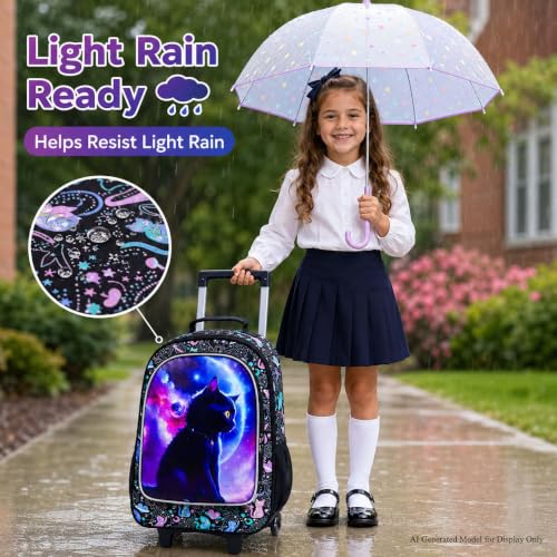 AGSDON 3PCS Rolling Backpack for Girls and Boys, Kids Roller Wheels Bookbag, Wheeled Elementary School Bag with Lunch Bag - color: Planet Cat Roller