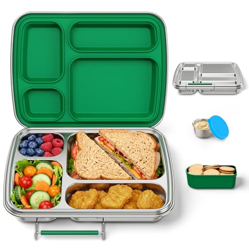 Stainless Steel Bento Box for Kids, Kids Lunch Box with 4-Compartment, Metal Lunch Box with Silicone Container & Sauce Cup, Durable Lunch Box Containers for School and Office(Green) - color: Green