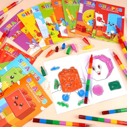 BenLouis 24 Building Block Mini Coloring Books Kids with 24 Stacking Crayons Geometric Shapes Party Favors Activity Books Bulk for Kids Building Goodie Bag Gift Stuffer Classroom Reward - style: Building Block